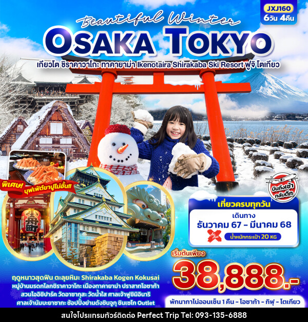 ทัวร์ญี่ปุ่น Beautiful Winter OSAKA TOKYO เกียวโต ชิราคาวาโกะ ทาคายาม่า Ikenotaira Shirakaba Ski Resort ฟูจิ โตเกียว - บริษัท เพอร์เฟคทริป คลับ จำกัด