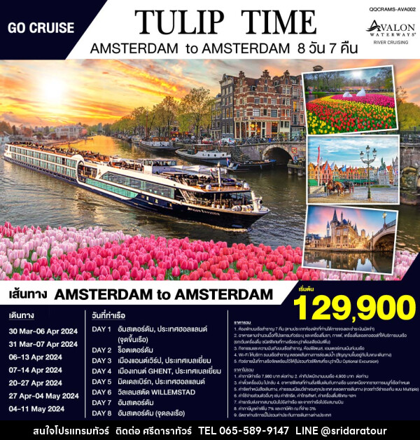 แพ็คเกจทัวร์เรือสำราญ  Tulip Time -Avalon Panorama ล่องเรือสำราญสุุดหรูชมทุ่งดอกทิวลิป : Amsterdam - Belgium - ศรีดาราทัวร์ อำนาจเจริญ