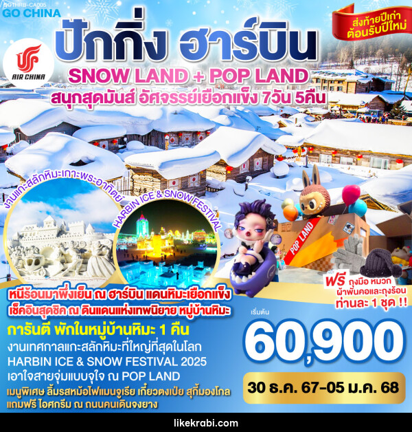 ทัวร์จีน ปักกิ่ง ฮาร์บิน SNOW LAND + POP LAND สนุกสุดมันส์ อัศจรรย์เยือกแข็ง  - 