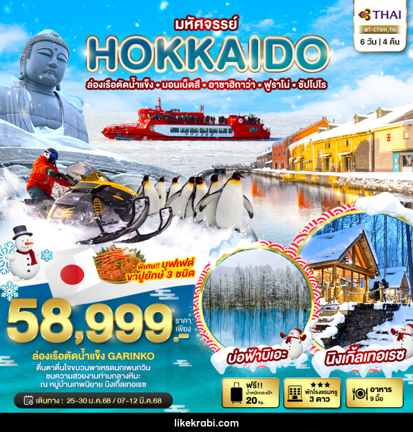 ทัวร์ญี่ปุ่น มหัศจรรย์...HOKKAIDO ล่องเรือตัดน้ำแข็ง มอนเบ็ตสึ อาซาฮิกาว่า ฟูราโน่ ซัปโปโร - 