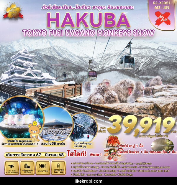 ทัวร์ญี่ปุ่น TOKYO HAKUBA FUJI NAGANO  MONKEY SNOW  - 