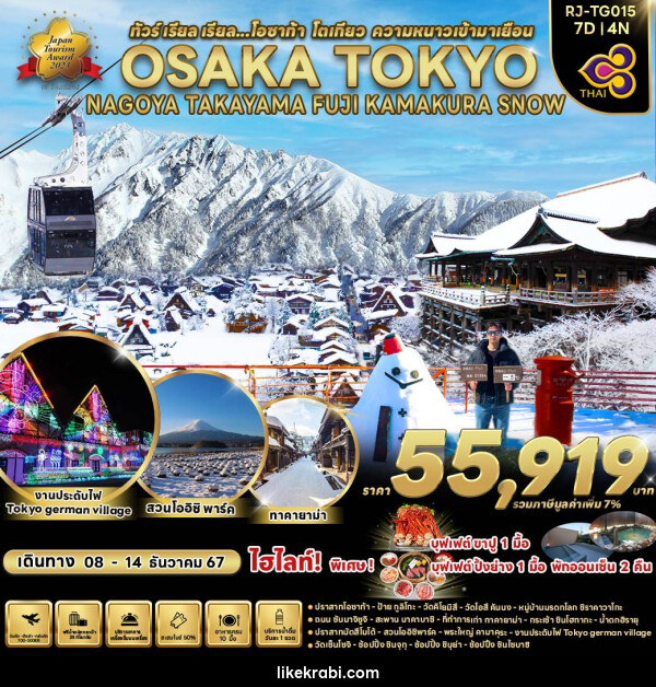 ทัวร์ญี่ปุ่น OSAKA TOKYO NAGOYA TAKAYAMA FUJI KAMAKURA SNOW  - 