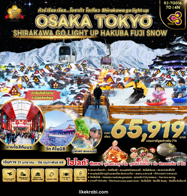 ทัวร์ญี่ปุ่น OSAKA TOKYO SHIRAKAWA GO LIGHT UP HAKUBA FUJI SNOW  - 