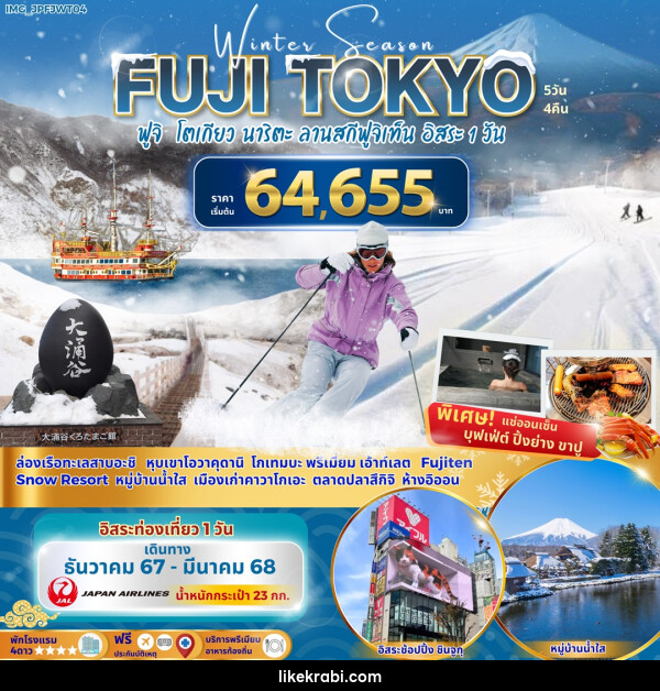 ทัวร์ญี่ปุ่น Winter Season FUJI TOKYO ฟูจิ โตเกียว นาริตะ ลานสกีฟูจิเท็น อิสระ 1 วัน - 