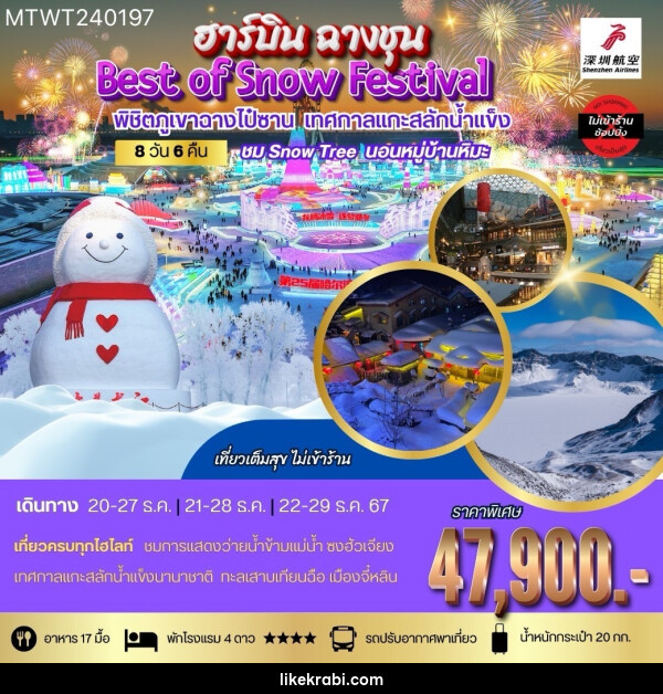 ทัวร์จีน ฮาร์บิน ฉางชุน Best of Snow Festival พิชิตภูเขาฉางไป๋ซาน เทศกาลแกะสลักน้ำแข็ง - 