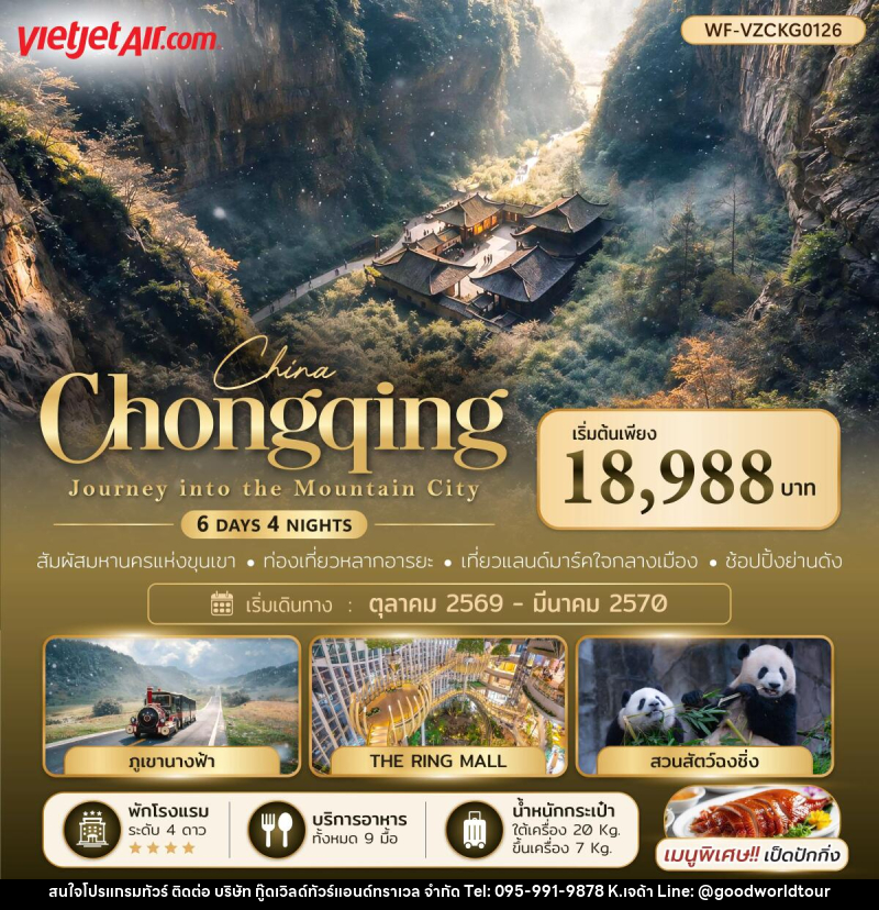 ทัวร์จีน ฉงชิ่ง อู่หลง หลุมฟ้า Chongqing Journey into the Mountain City - บริษัท กู๊ดเวิลด์ทัวร์แอนด์ทราเวล จำกัด