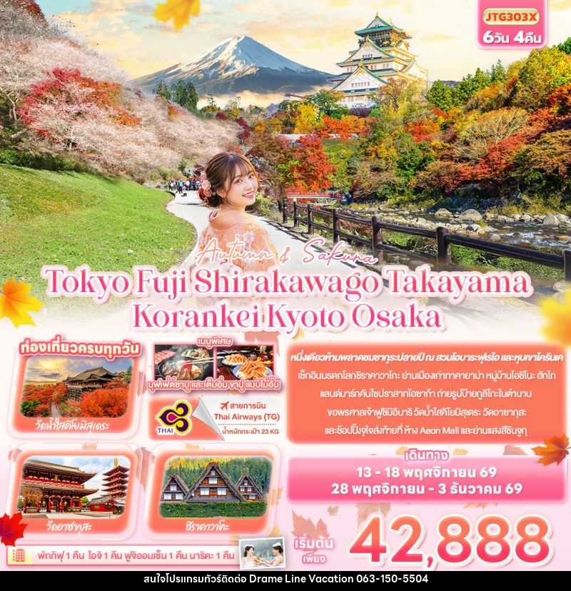 ทัวร์ญี่ปุ่น Autumn & Sakura Tokyo Fuji Shirakawago Takayama Korankei Kyoto Osaka - DREAMLINE VACATION COMPANY LIMITED
