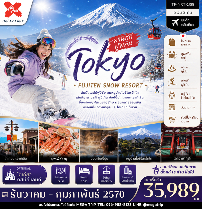 ทัวร์ญี่ปุ่น โตเกียว ลานสกี ฟูจิเท็น หมู่บ้านโอชิโนะฮัคไค วัดอาซากุสะ (Freeday โตเกียวดิสนีย์แลนด์) - บริษัท เมก้า เมกเกอร์ จำกัด