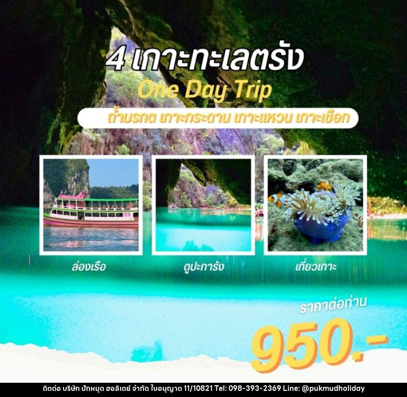 แพ็คเกจทัวร์ตรัง 4 เกาะทะเลตรัง One Day Trip ถ้ำมรกต เกาะกระดาน เกาะแหวน เกาะเชือก - บริษัท ปักหมุด ฮอลิเดย์ จำกัด แพ็คเกจทัวร์ตรัง 4 เกาะทะเลตรัง One Day Trip ถ้ำมรกต เกาะกระดาน เกาะแหวน เกาะเชือก - บริษัท ปักหมุด ฮอลิเดย์ จำกัด