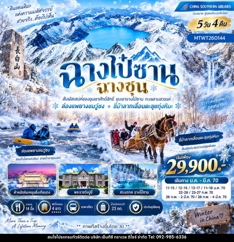 ทัวร์จีน เที่ยวเขาฉางไป๋ซาน ล่องแพยางชมเกล็ดหิมะวู่ซง ขี่ม้าลากเลื่อนเหล่าหลี่เค่อหู - บริษัท เอ็นทีซี ทราเวล ดิไซร์ จำกัด