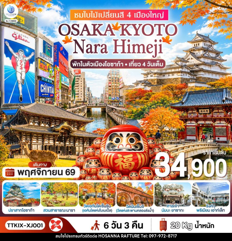 ทัวร์ญี่ปุ่น OSAKA KYOTO NARA HIMEJI ชมใบไม้เปลี่ยนสี 4 เมืองใหญ่ - บริษัท โฮซันนา ราฟติ้ง แอนด์ แอดเวนเจอร์ จำกัด