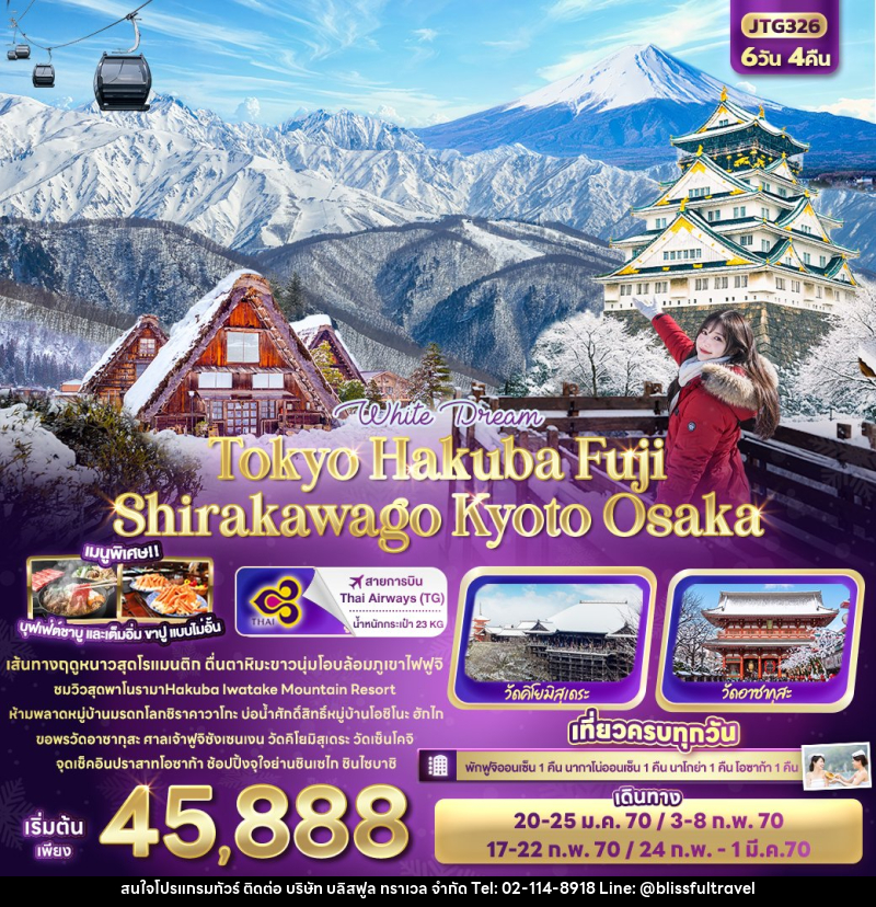 ทัวร์ญี่ปุ่น White Dream Tokyo Hakuba Fuji  Shirakawago Kyoto Osaka - บริษัท บลิสฟูล ทราเวล จำกัด