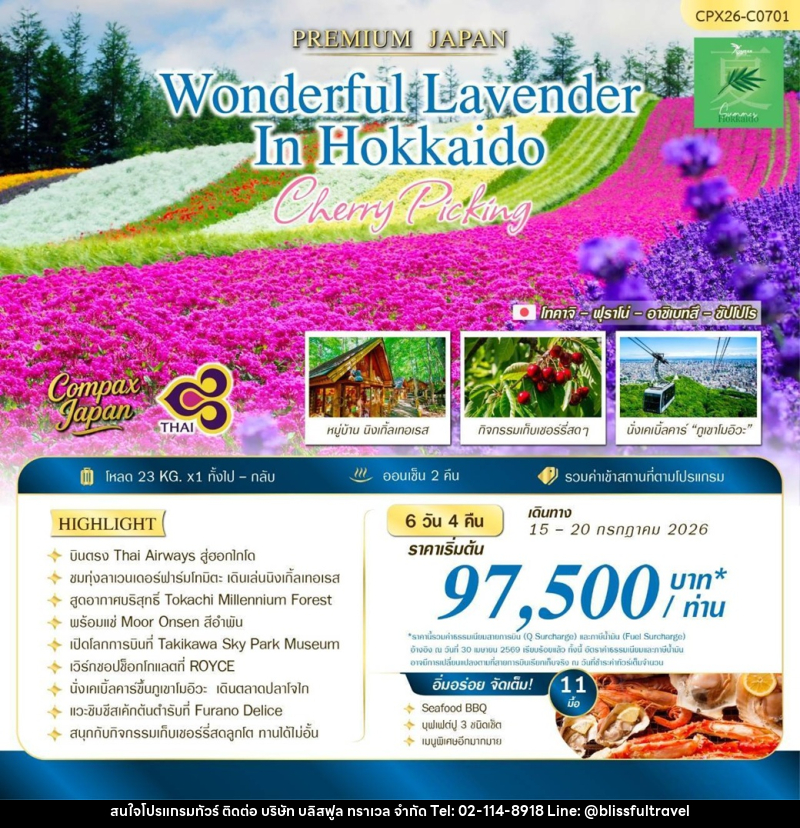 ทัวร์ญี่ปุ่น PREMIUM JAPAN WONDERFUL LAVENDER IN HOKKAIDO Cherry Picking - บริษัท บลิสฟูล ทราเวล จำกัด