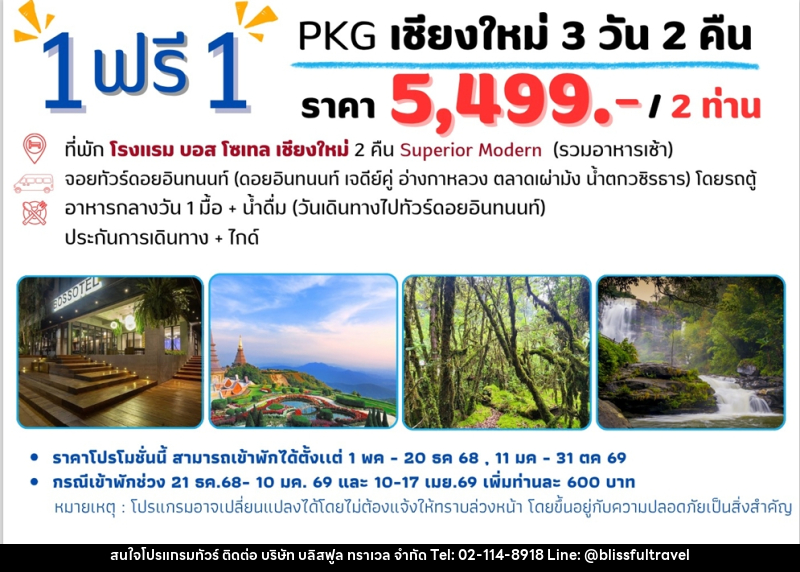 แพ็คเกจทัวร์เชียงใหม่ 1 ฟรี 1 - บริษัท บลิสฟูล ทราเวล จำกัด
