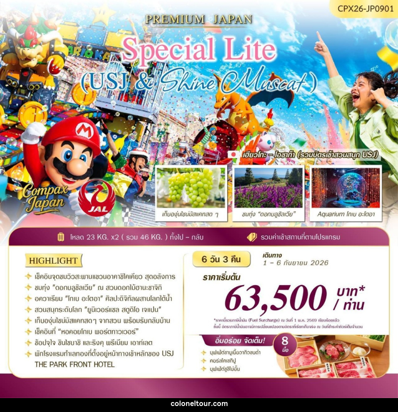 ทัวร์ญี่ปุ่น PREMIUM JAPAN Special Lite (USJ & Shine Muscat) - บริษัท โคโลเนียล แทรเวล แอนด์ เซอร์วิส กรุ๊ป จำกัด