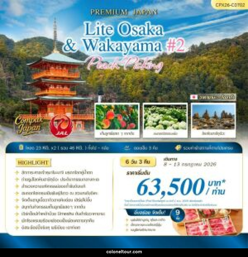 ทัวร์ญี่ปุ่น PREMIUM JAPAN LITE OSAKA & WAKAYAMA #2 PEACH PICKING - บริษัท โคโลเนียล แทรเวล แอนด์ เซอร์วิส กรุ๊ป จำกัด