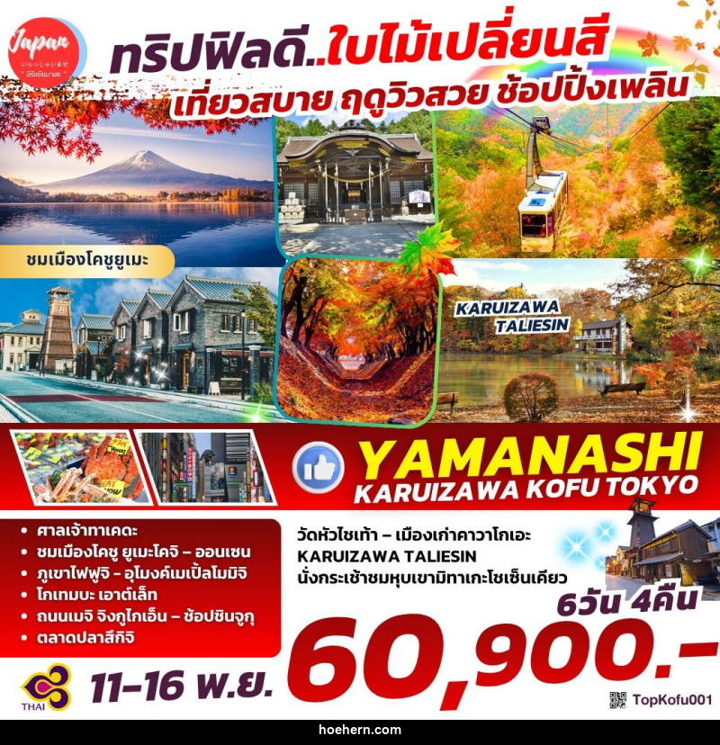 ทัวร์ญี่ปุ่น ทริปฟิลดี...ใบไม้เปลี่ยนสี เที่ยวสบาย ฤดูวิวสวย ช้อปปิ้งเพลิน YAMANASHI KARUIZAWA KOFU TOKYO - เหาะเหินเดินอากาศ