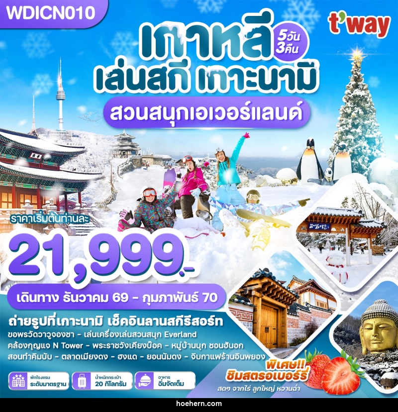 ทัวร์เกาหลี เล่นสกี เกาะนามิ เที่ยวปีใหม่!! สวนสนุกเอเวอร์แลนด์ - เหาะเหินเดินอากาศ