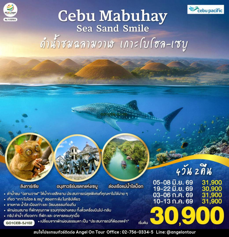 ทัวร์ฟิลิปปินส์ CEBU Mabuhay Sea. Sand. Smile. ดำน้ำชมฉลามวาฬ เกาะโบโฮล - บริษัท แองเจิลออนทัวร์ จำกัด