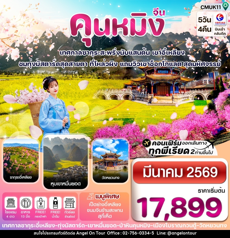 ทัวร์จีน คุนหมิง เทศกาลซากุระสะพรั่งนับแสนต้น เขาอี๋เหลียง ชมทุ่งมัสตาร์ทสุดสายตา ที่โหล่วผิง แถมวิวเขาช็อกโกแลต สุดมหัศจรรย์ - บริษัท แองเจิลออนทัวร์ จำกัด