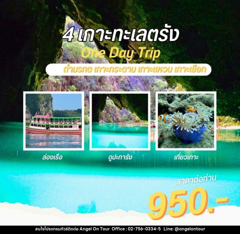 แพ็คเกจทัวร์ตรัง 4 เกาะทะเลตรัง One Day Trip ถ้ำมรกต เกาะกระดาน เกาะแหวน เกาะเชือก - บริษัท แองเจิลออนทัวร์ จำกัด