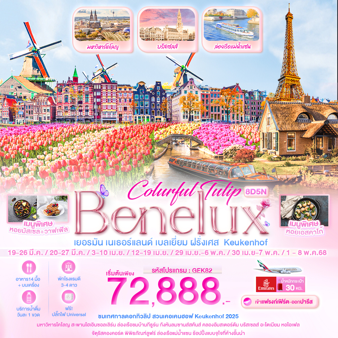 ทัวร์ยุโรป Colurful Tulip Benelux เยอรมัน เนเธอแลนด์ เบลเยี่ยม ฝรั่งเศส Keukenhof - SEA ANGEL CRUISE