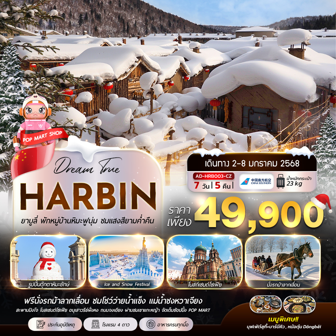 ทัวร์จีน HARBIN ยาบูลี่ พักหมู่บ้านหิมะฟูนุ่ม ชมแสงสียามค่ำคืน - DESIGN HOLIDAYS